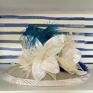 Kentucky Derby Hat - Cream with blue feathers (inter-changeable)